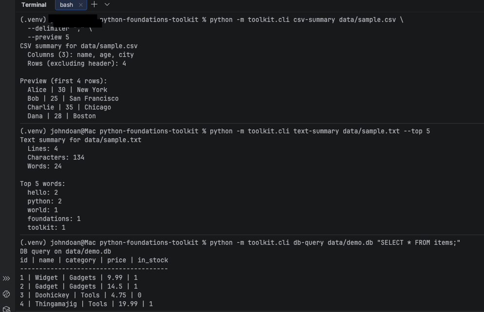 Toolkit outputs: CSV summary, text summary, and a SQLite query result