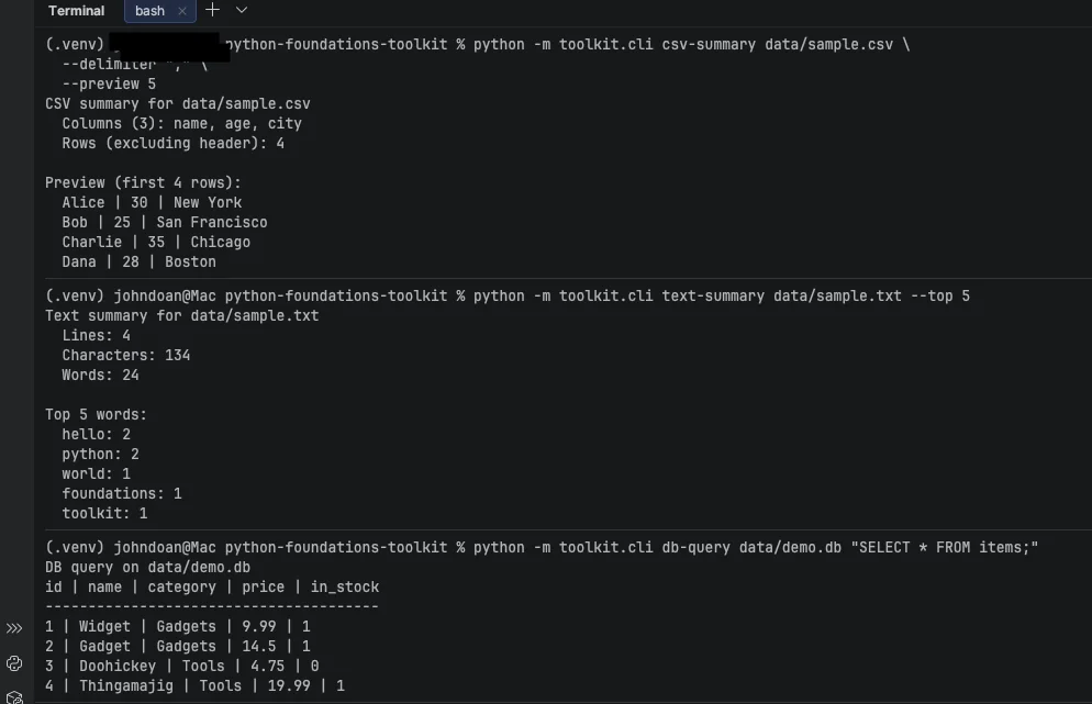 Toolkit outputs: CSV summary, text summary, and a SQLite query result