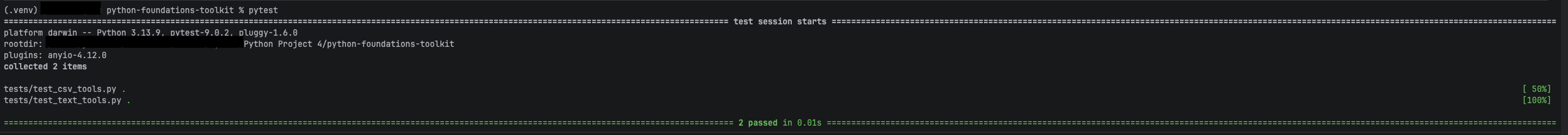Pytest run showing tests passing for toolkit core functions