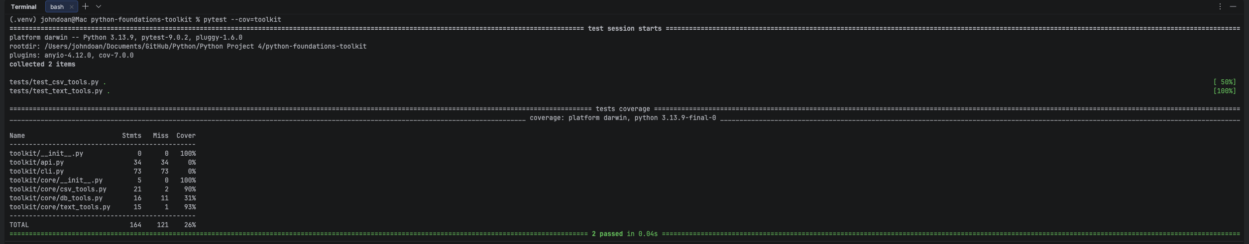 Quality snapshot showing a quick project health summary such as checks or coverage output