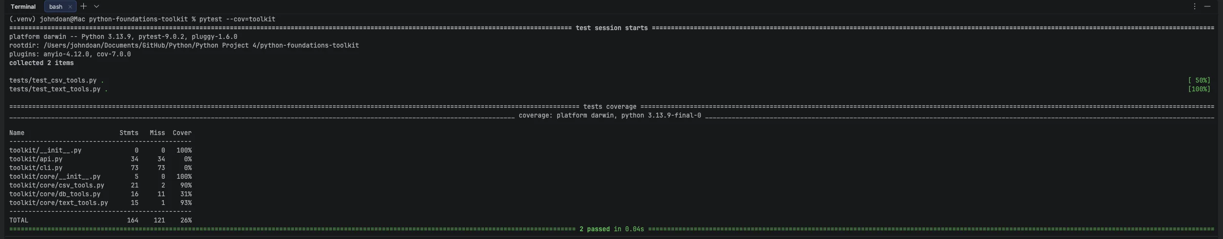 Quality snapshot showing a quick project health summary such as checks or coverage output