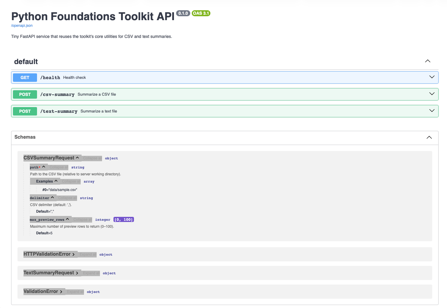 FastAPI Swagger UI showing toolkit endpoints and interactive request/response examples