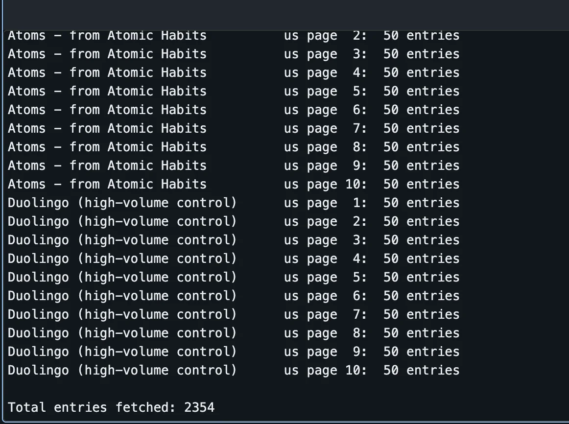 Per-page fetch log, including an app with no reviews