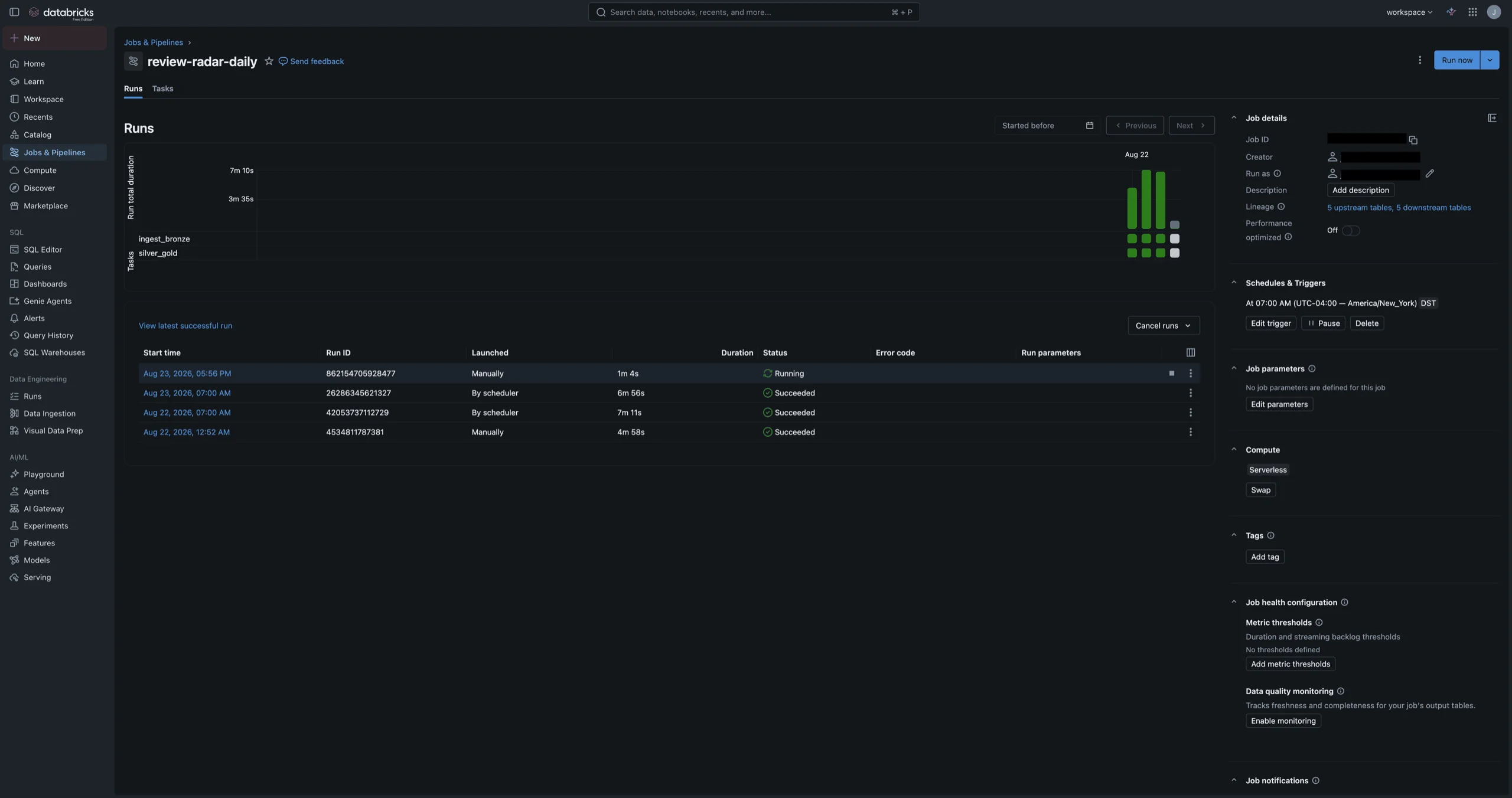 Run history showing manual and scheduler-launched runs