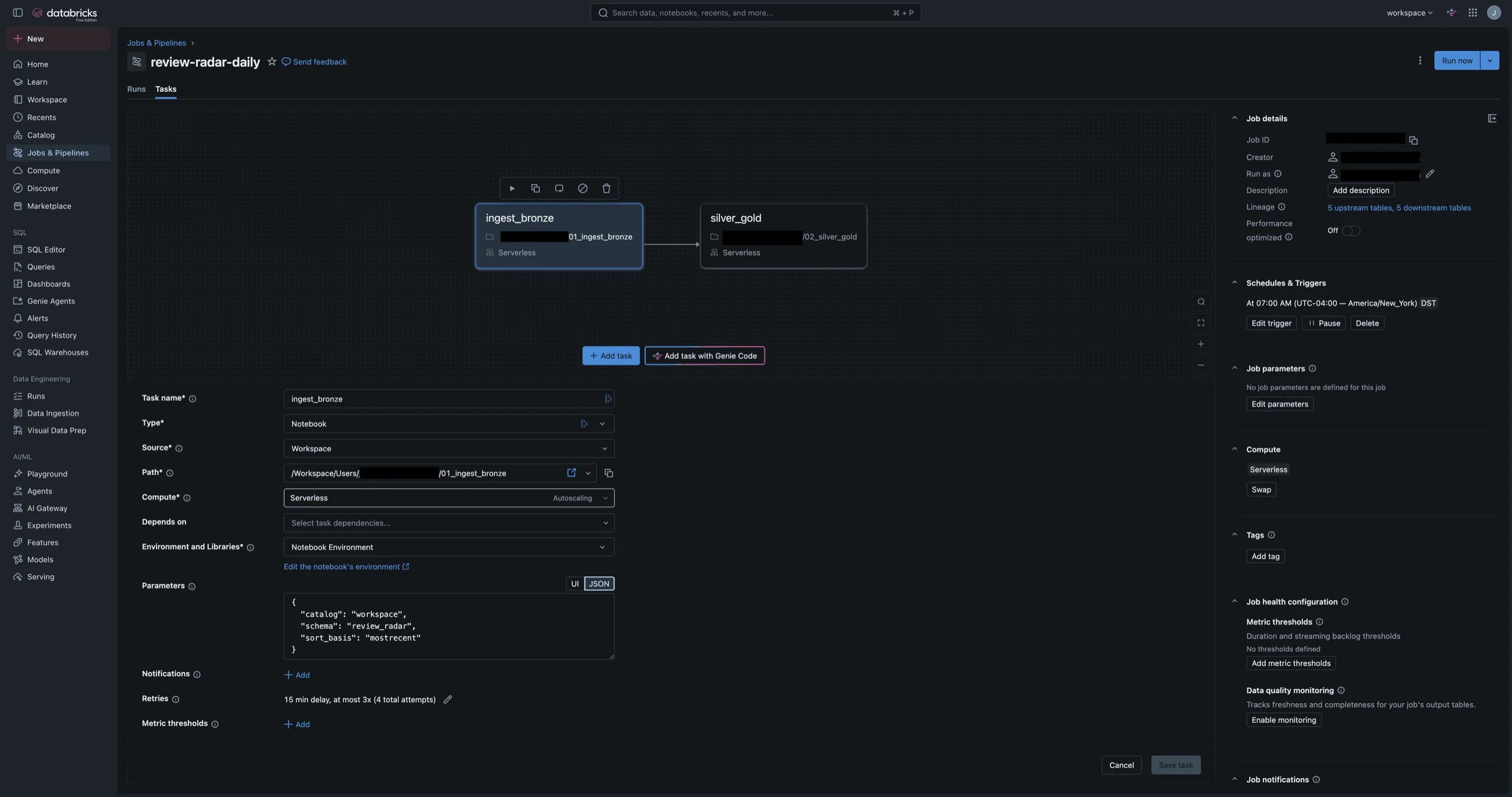 Task configuration — parameters, retries, and the daily trigger