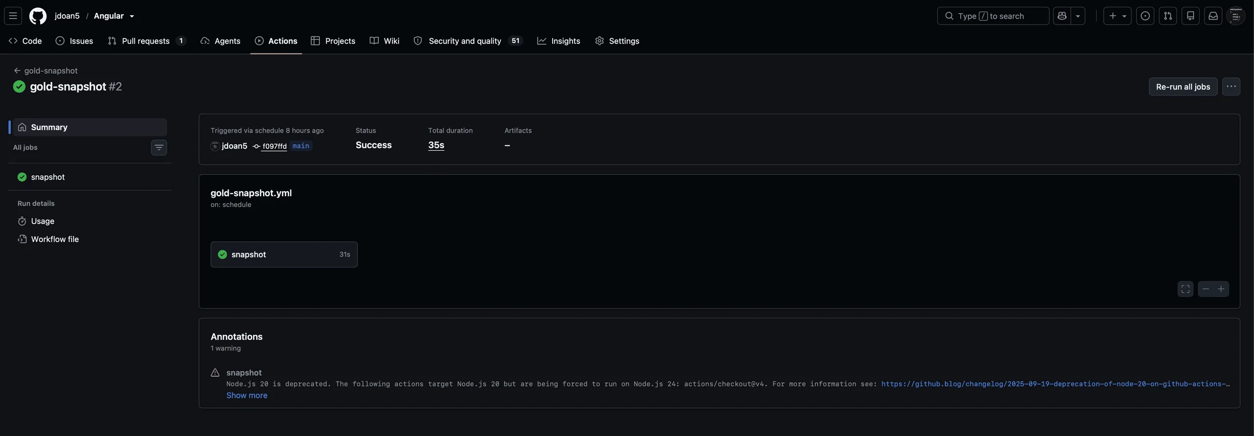 The gold-snapshot GitHub Action, triggered on schedule