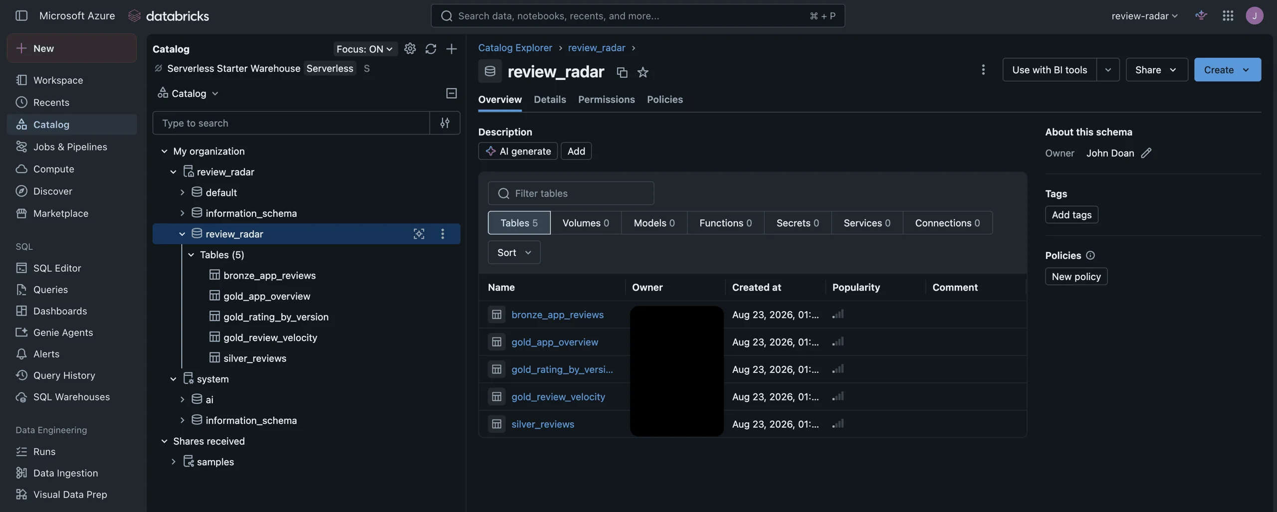 Unity Catalog on Azure showing the five medallion tables