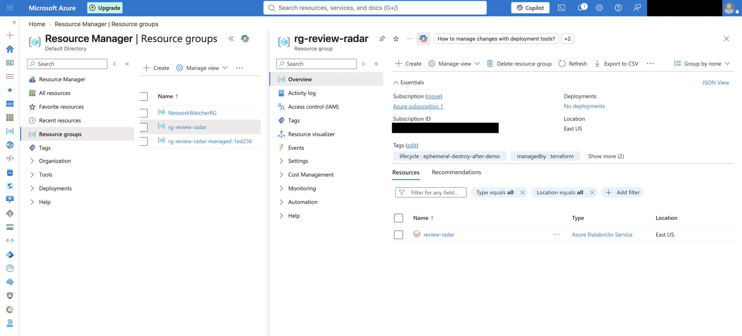 The workspace and its managed resource group in the Azure portal