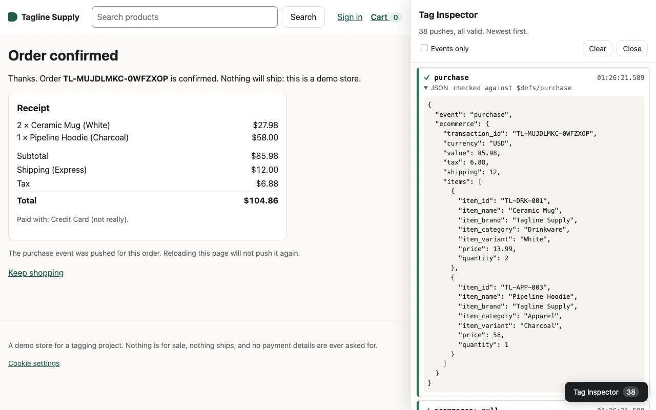Order confirmation page with the Tag Inspector open on the purchase event