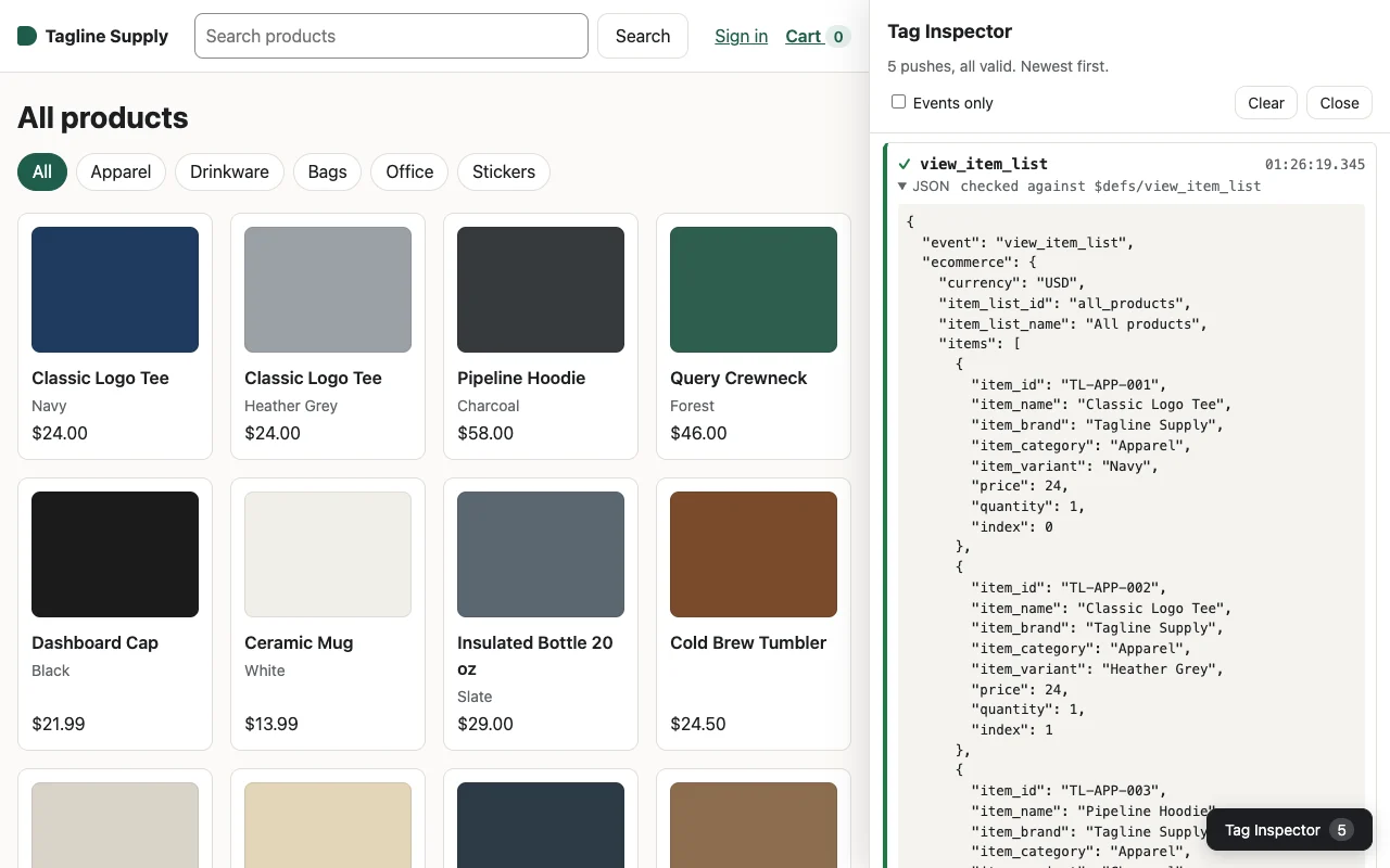 Home page with the Tag Inspector open on view_item_list
