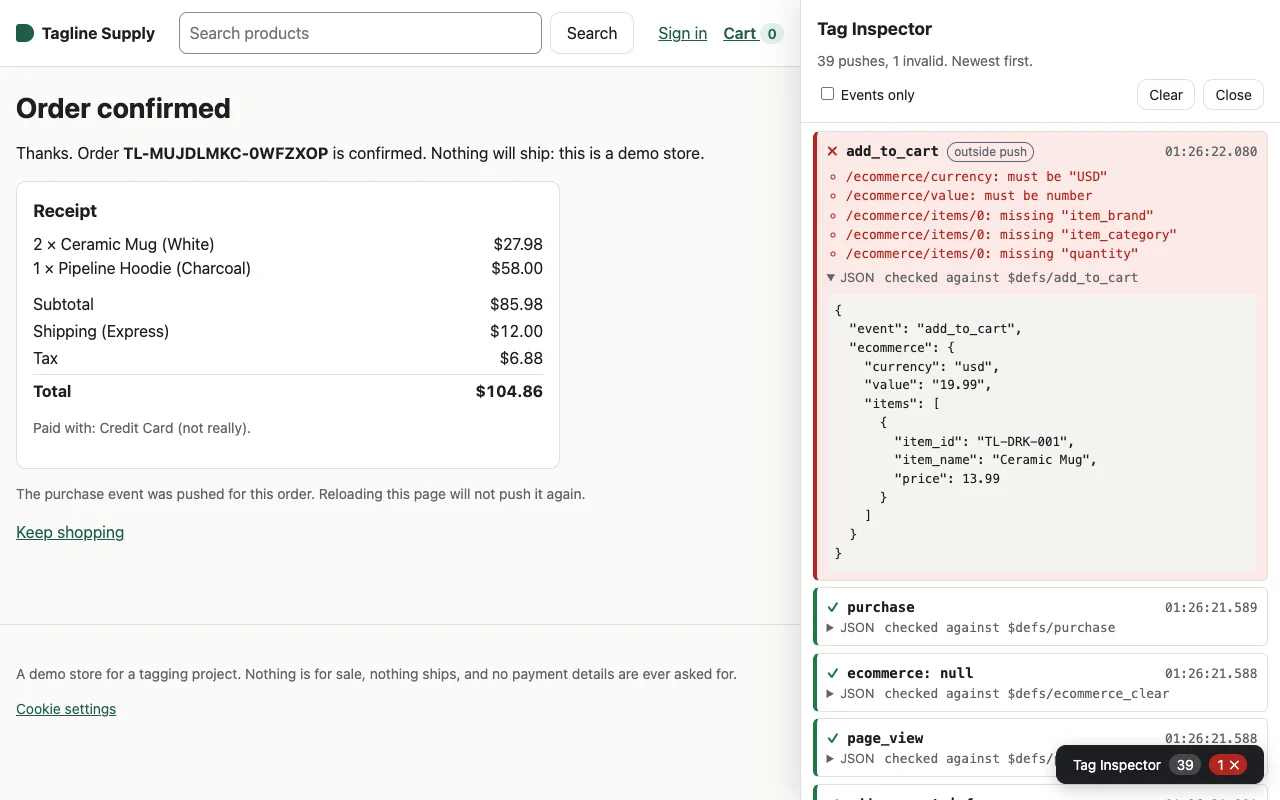 A broken add_to_cart pushed from the console, marked invalid with its schema errors