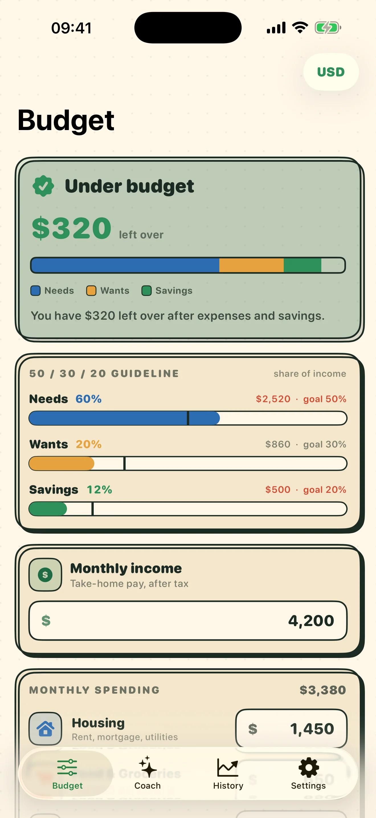 503020 Budget Coach budget screen with income, category spending, and over/under result