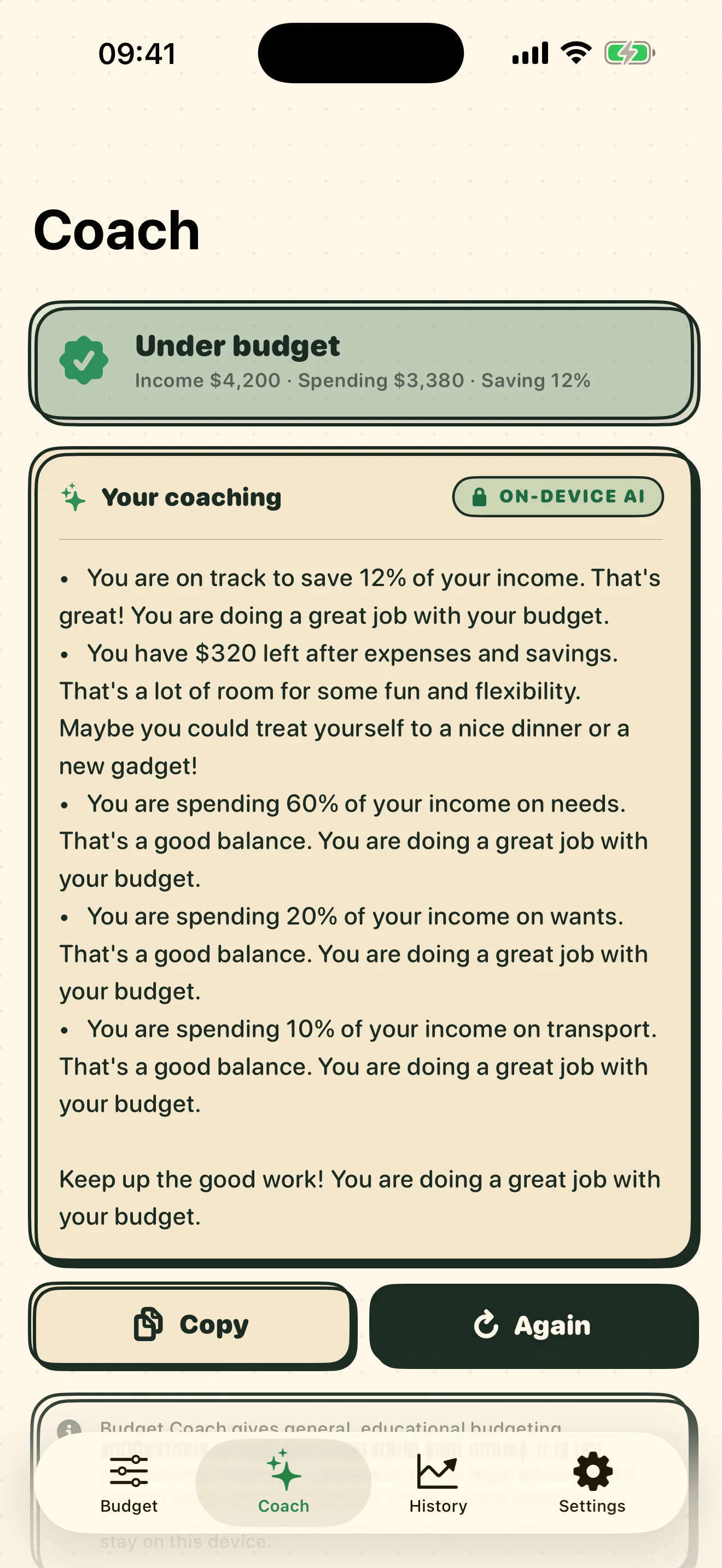 503020 Budget Coach 50/30/20 view with on-device coaching tips