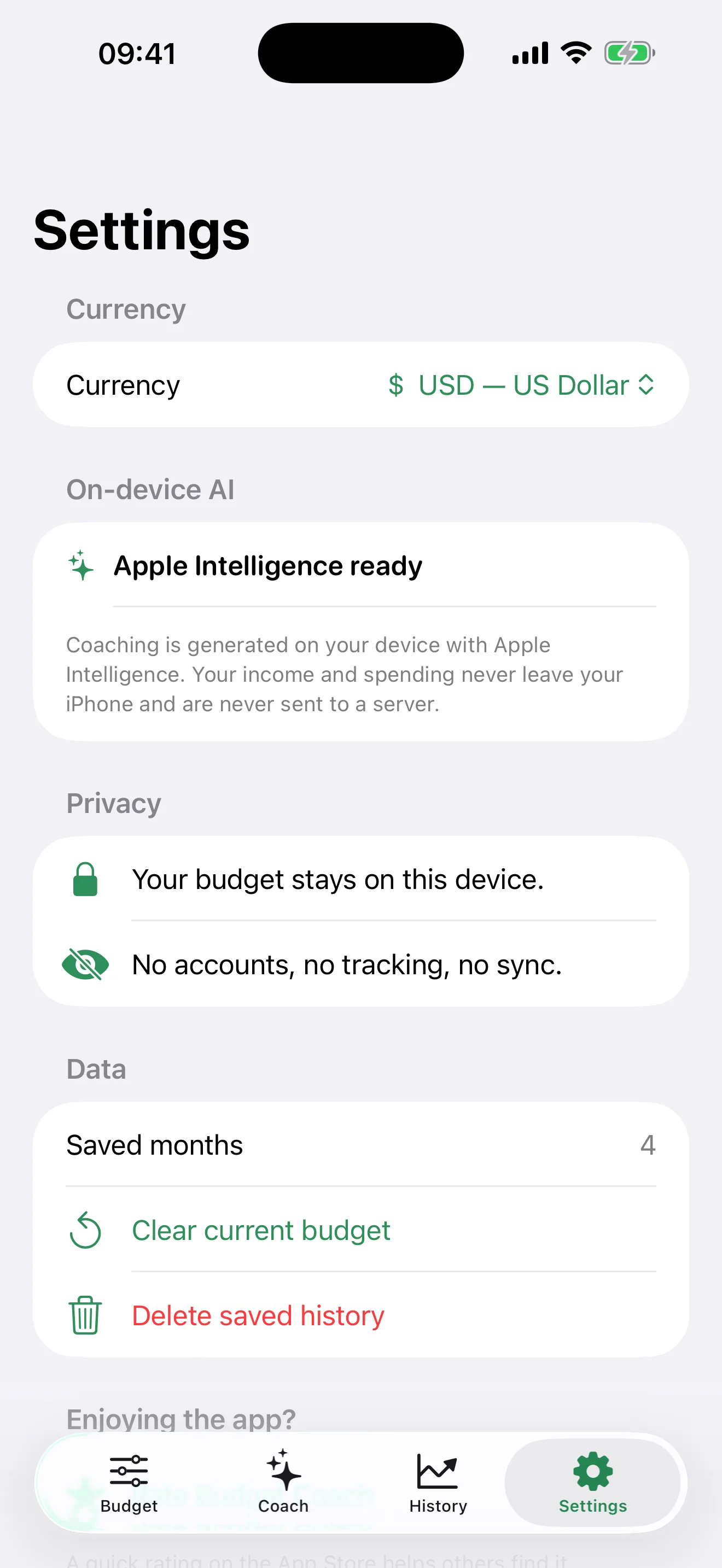503020 Budget Coach settings screen — private, offline, no accounts