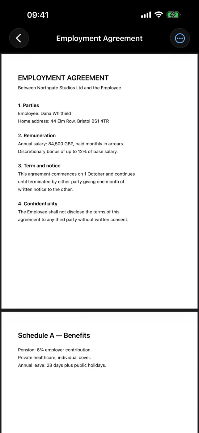 An employment contract open in the reader