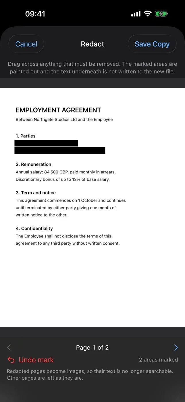 The redact screen with two areas marked out on a contract