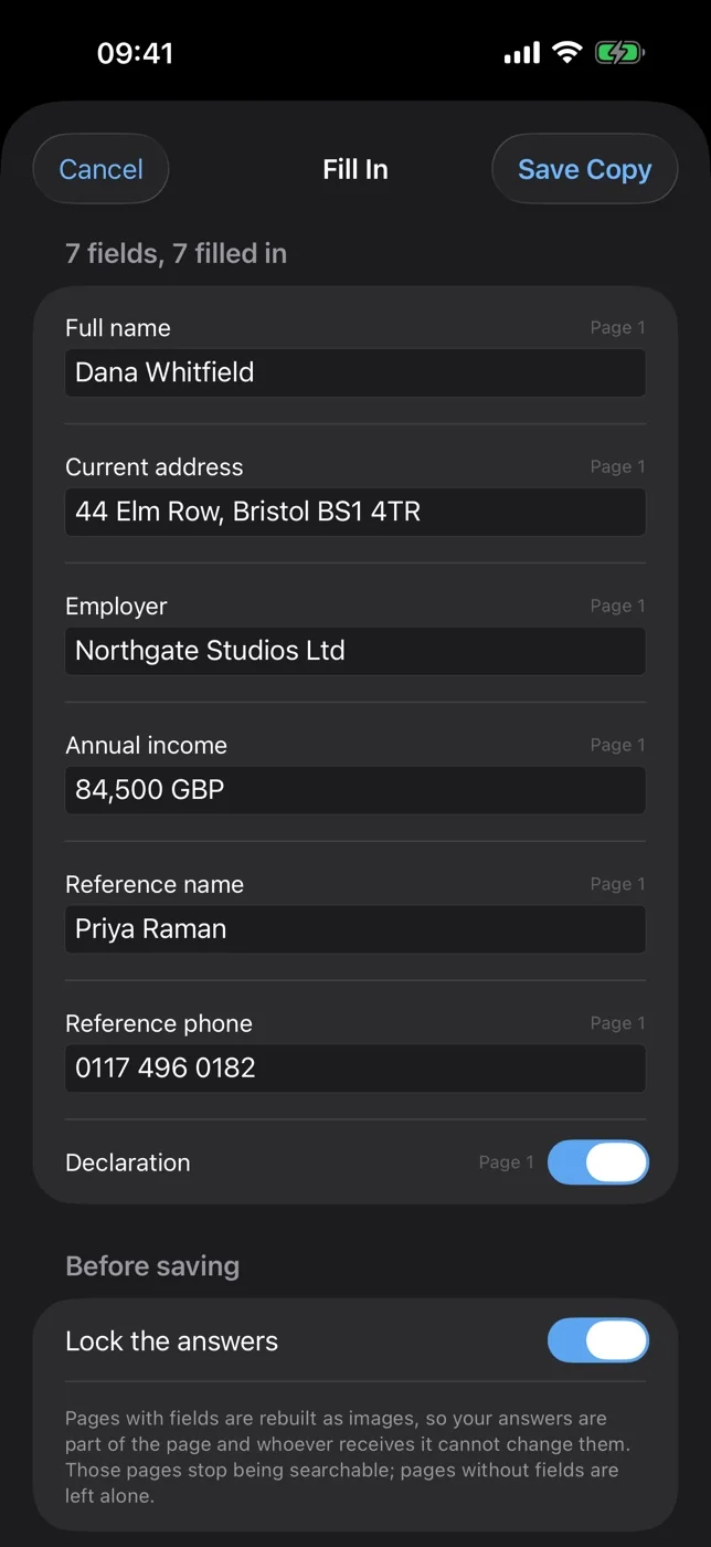 A rental application form filled in, with a toggle to lock the answers