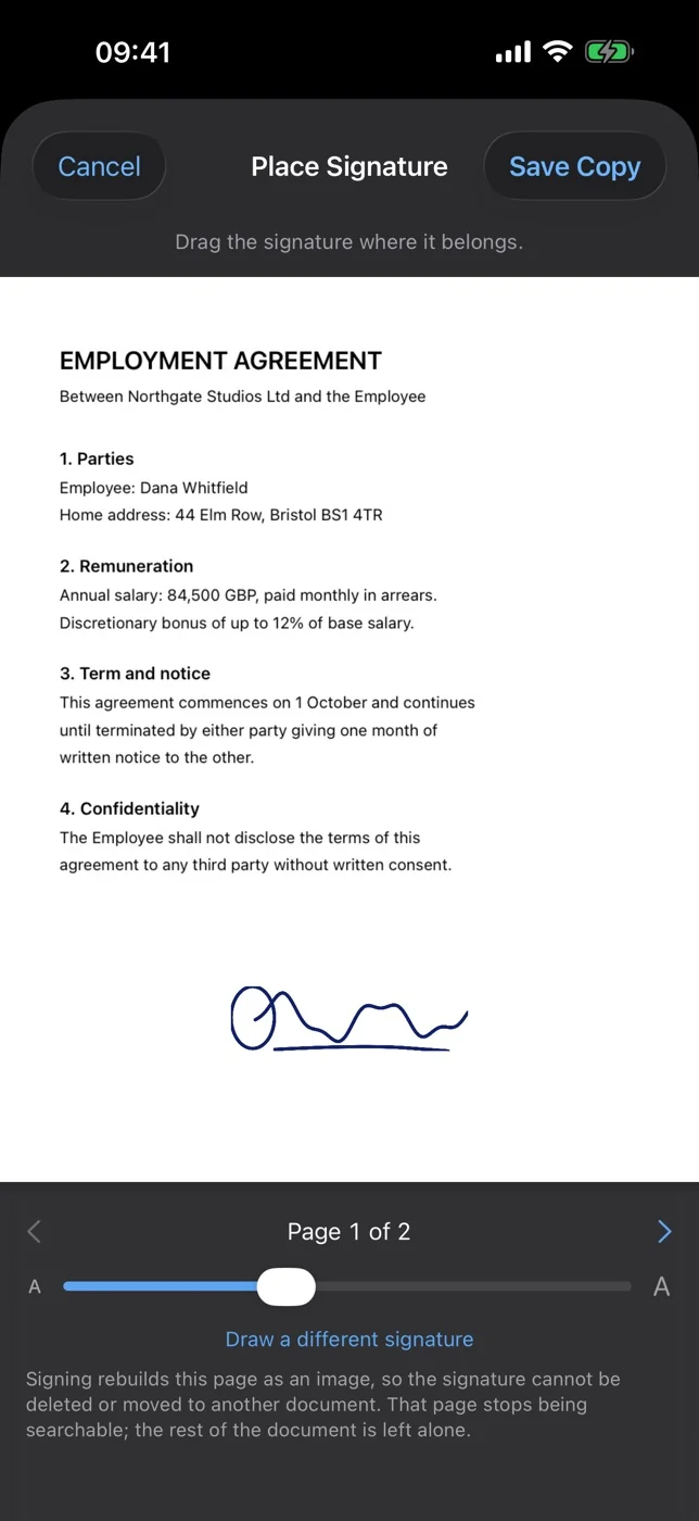 A handwritten signature positioned on the last page of a contract