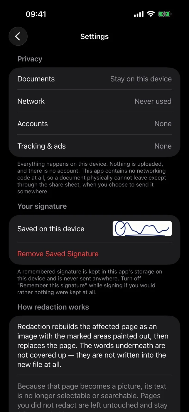 The privacy screen listing no network use, no accounts and no tracking