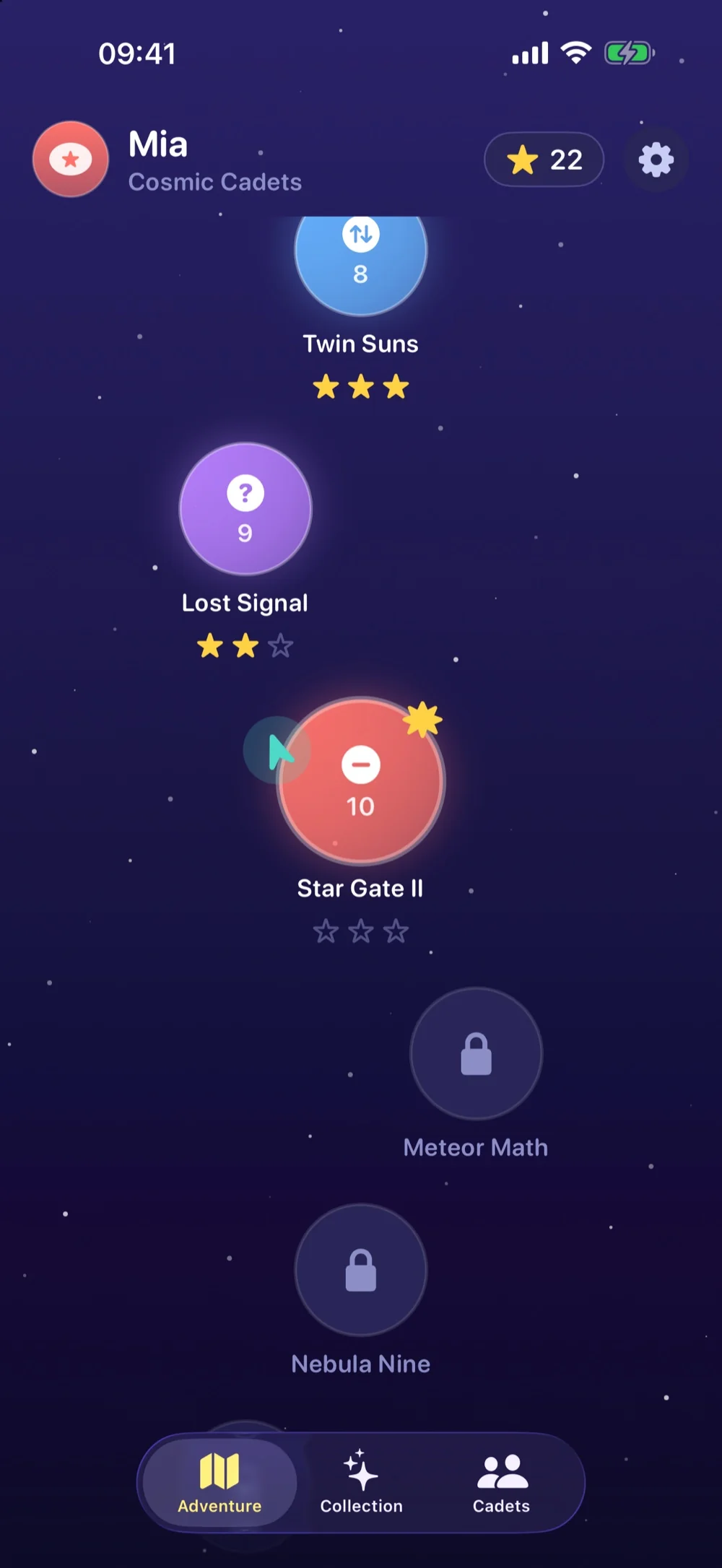 Cosmic Cadets adventure map — a star map of levels with an unlocked planet highlighted