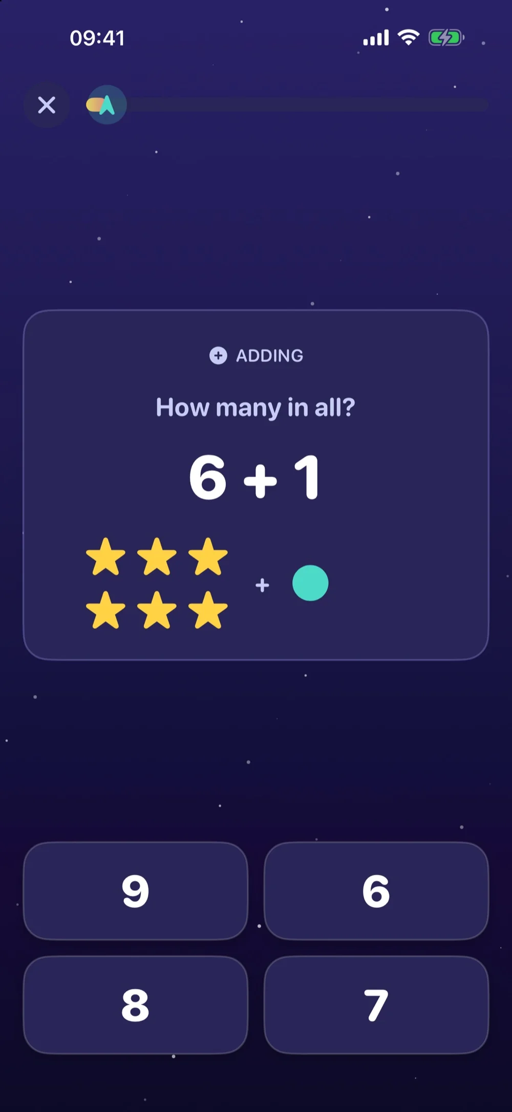 Cosmic Cadets mission — a math problem with big number-button answers and a rocket progress track