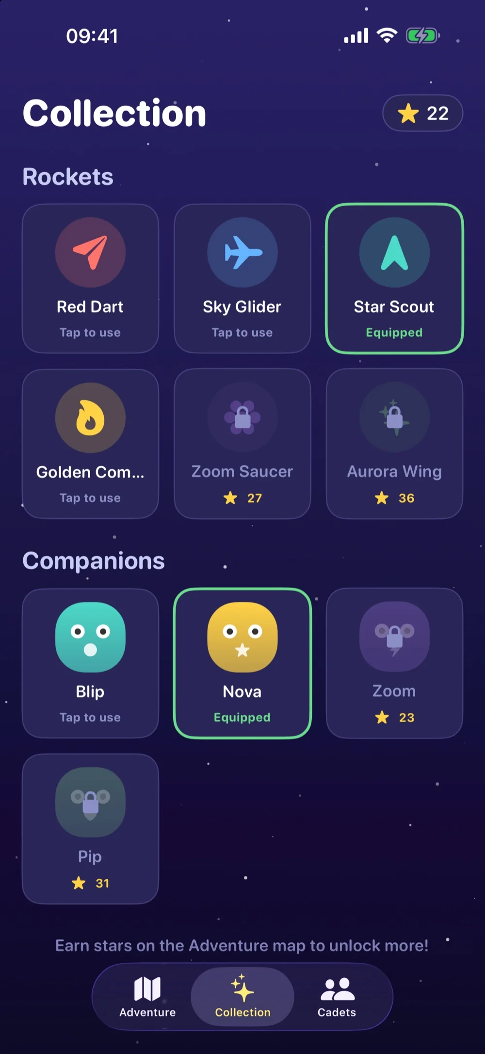Cosmic Cadets collection — unlockable rocket ships and alien companions