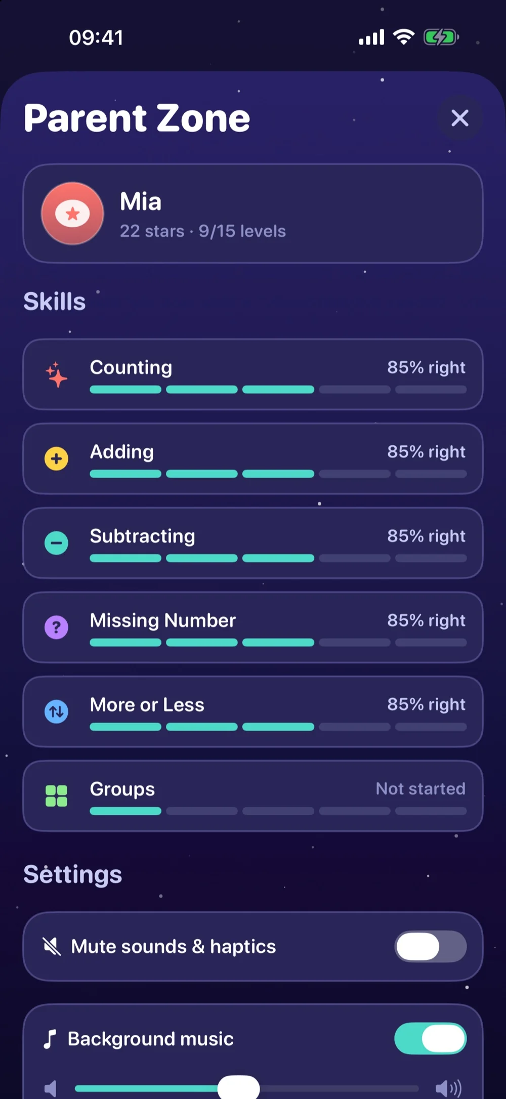 Cosmic Cadets parent zone — a per-skill progress dashboard behind a math-gated entry