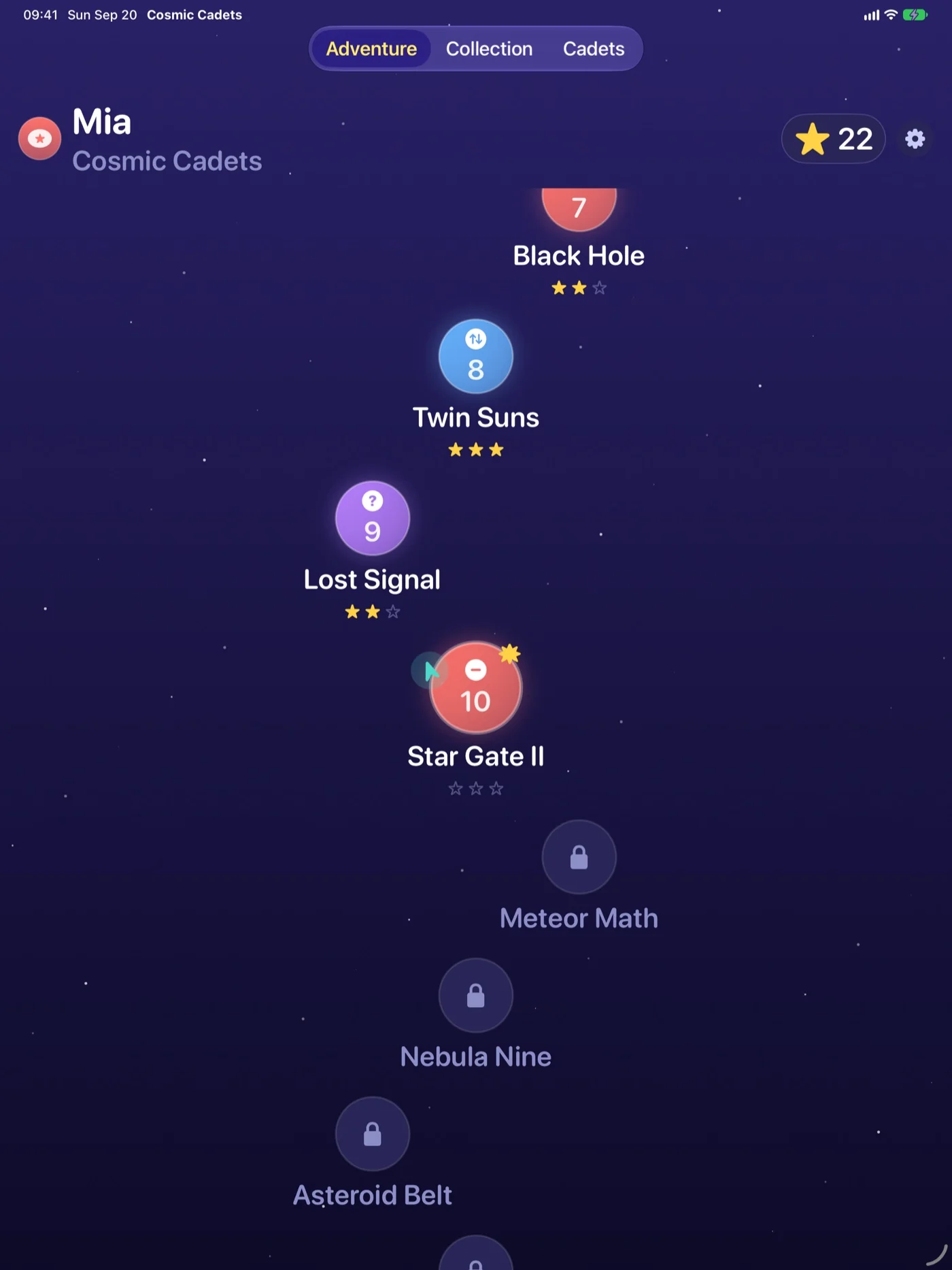 Cosmic Cadets on iPad — the star map using the full display, planets spread across a wider trail