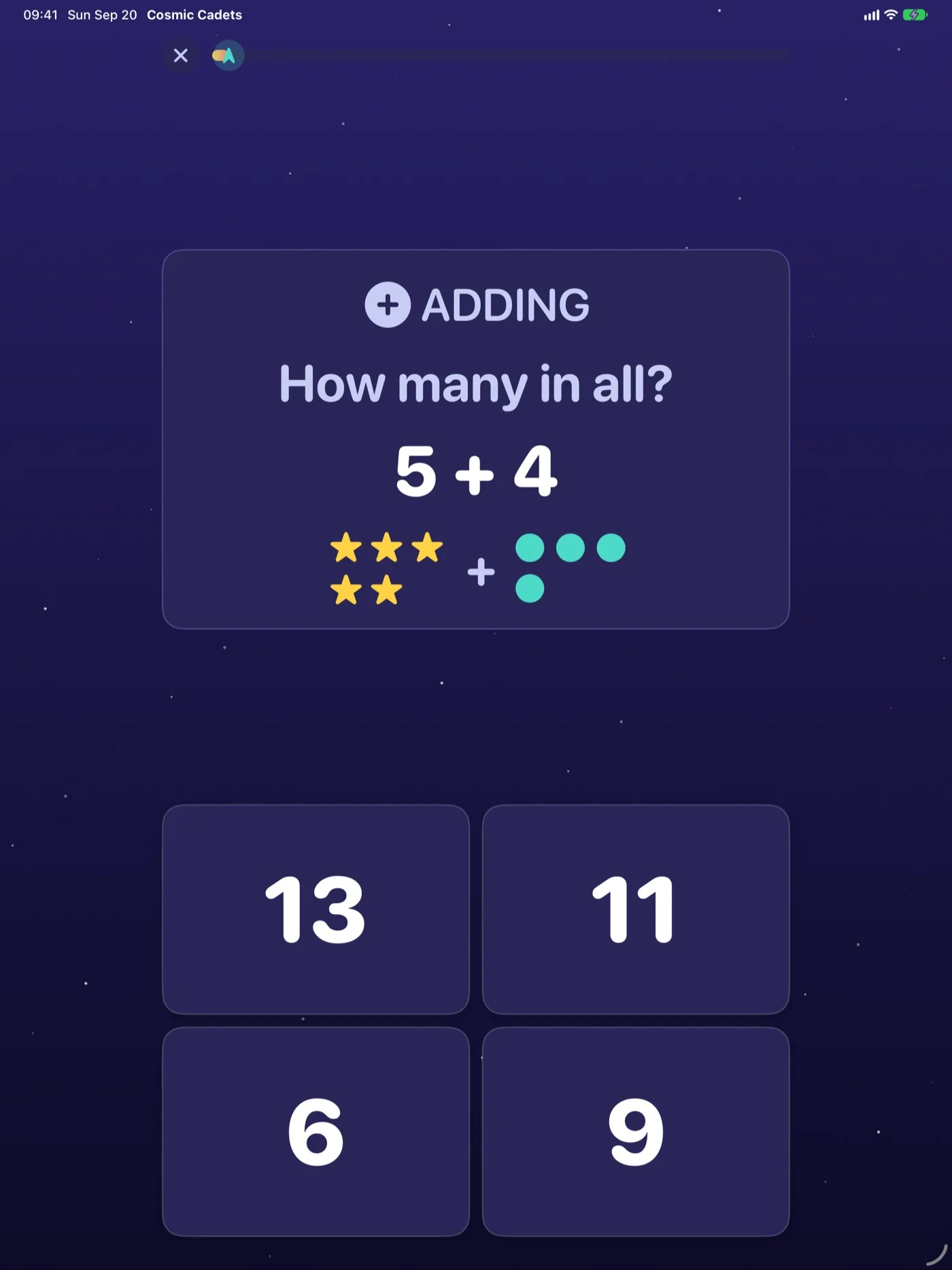 Cosmic Cadets mission on iPad — a large equation with four answer buttons in a centred column