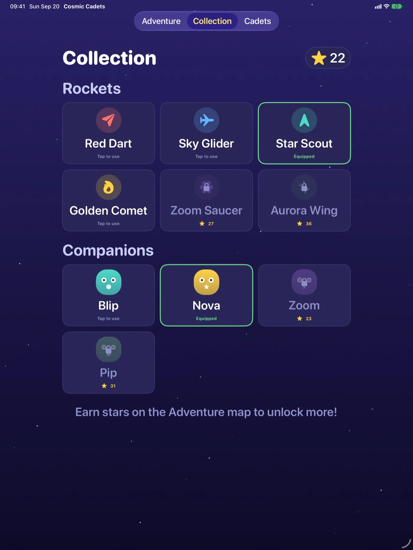 Cosmic Cadets collection on iPad — rockets and companions in a wider grid