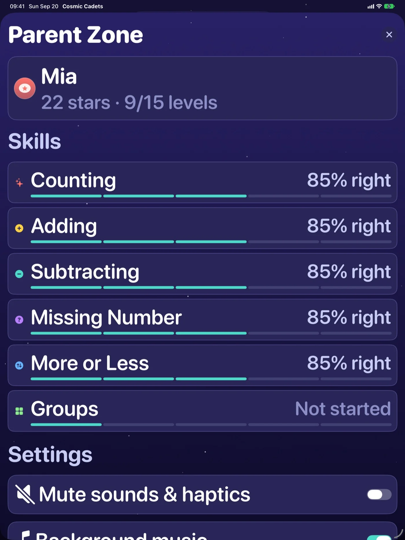 Cosmic Cadets Parent Zone on iPad — all six skills and the settings visible at once