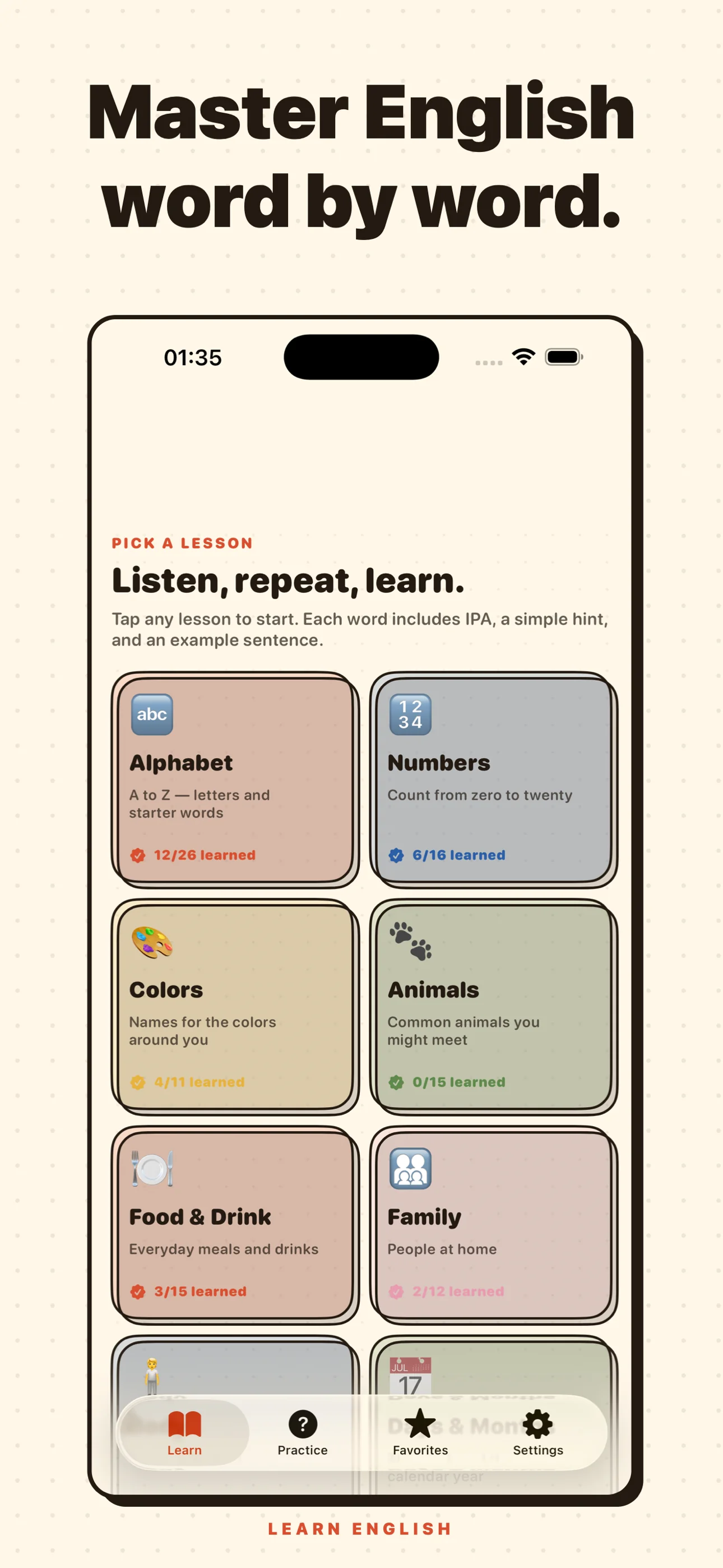 Learn English: Pronunciation — Learn tab showing a grid of lessons (Alphabet, Numbers, Colors, Animals, Food and Drink, Family) with per-lesson progress