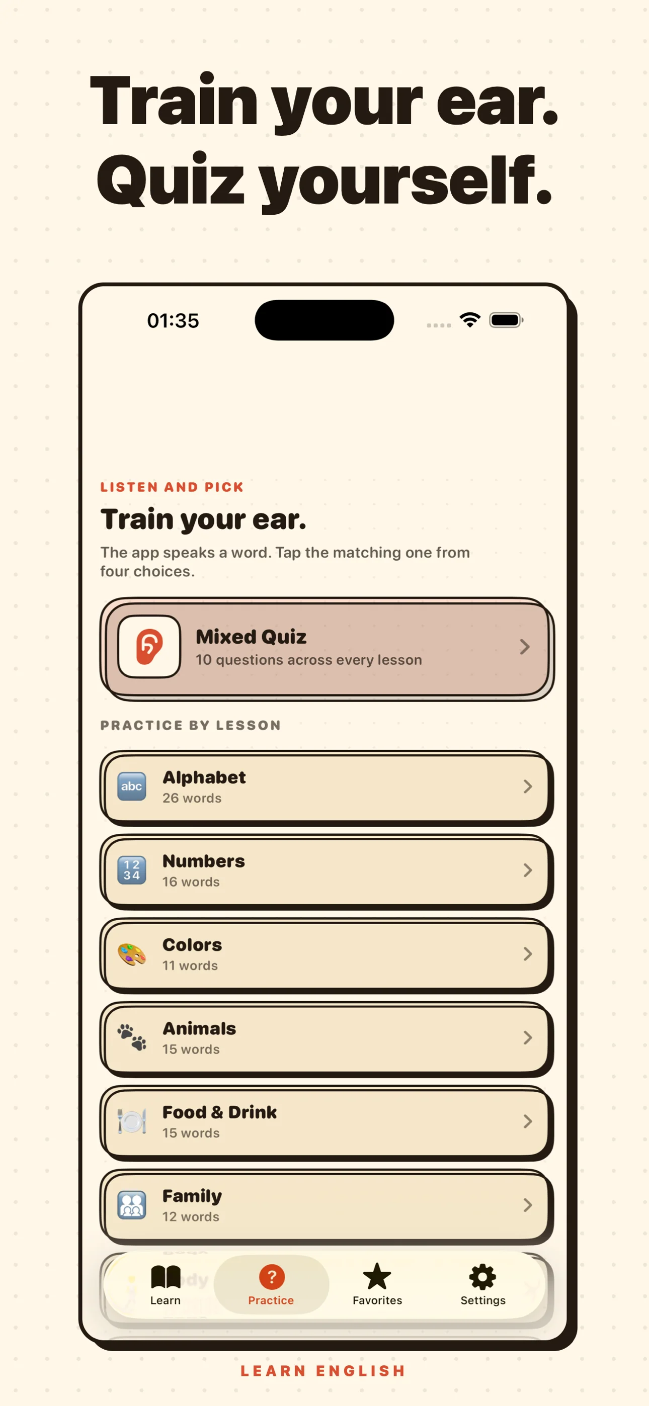 Learn English: Pronunciation — Practice tab with a Mixed Quiz and per-lesson practice list