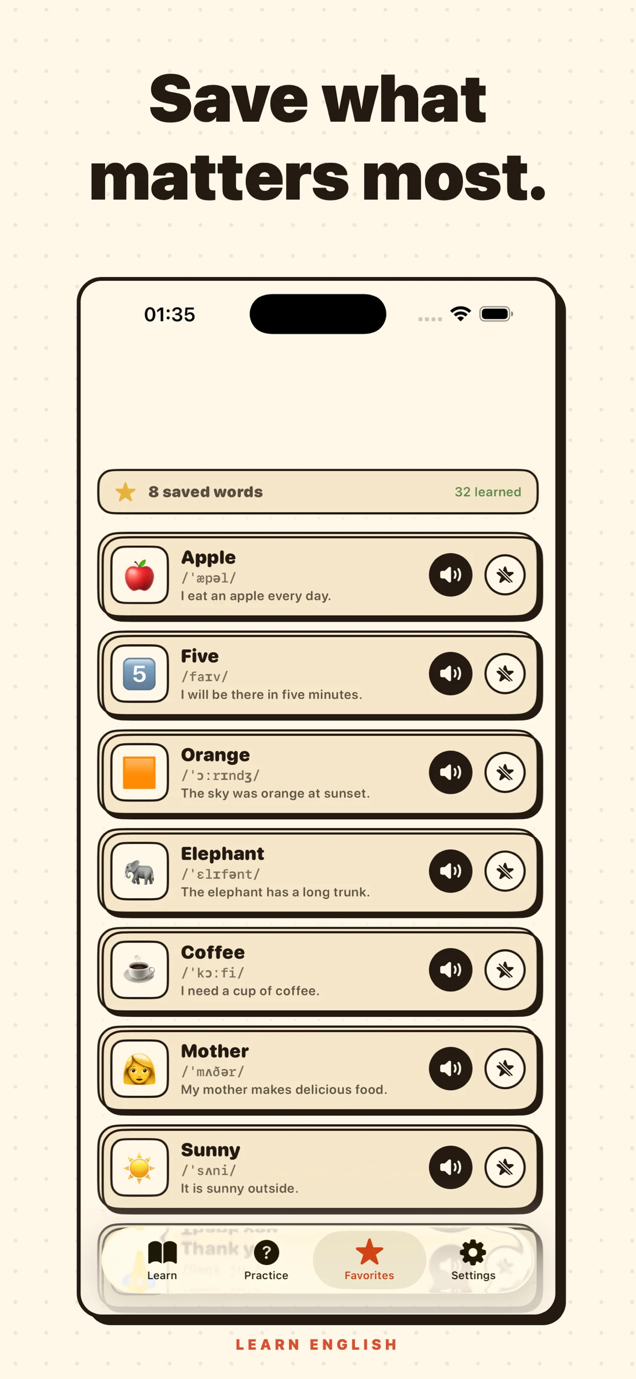 Learn English: Pronunciation — Favorites tab listing saved words with IPA and example sentences