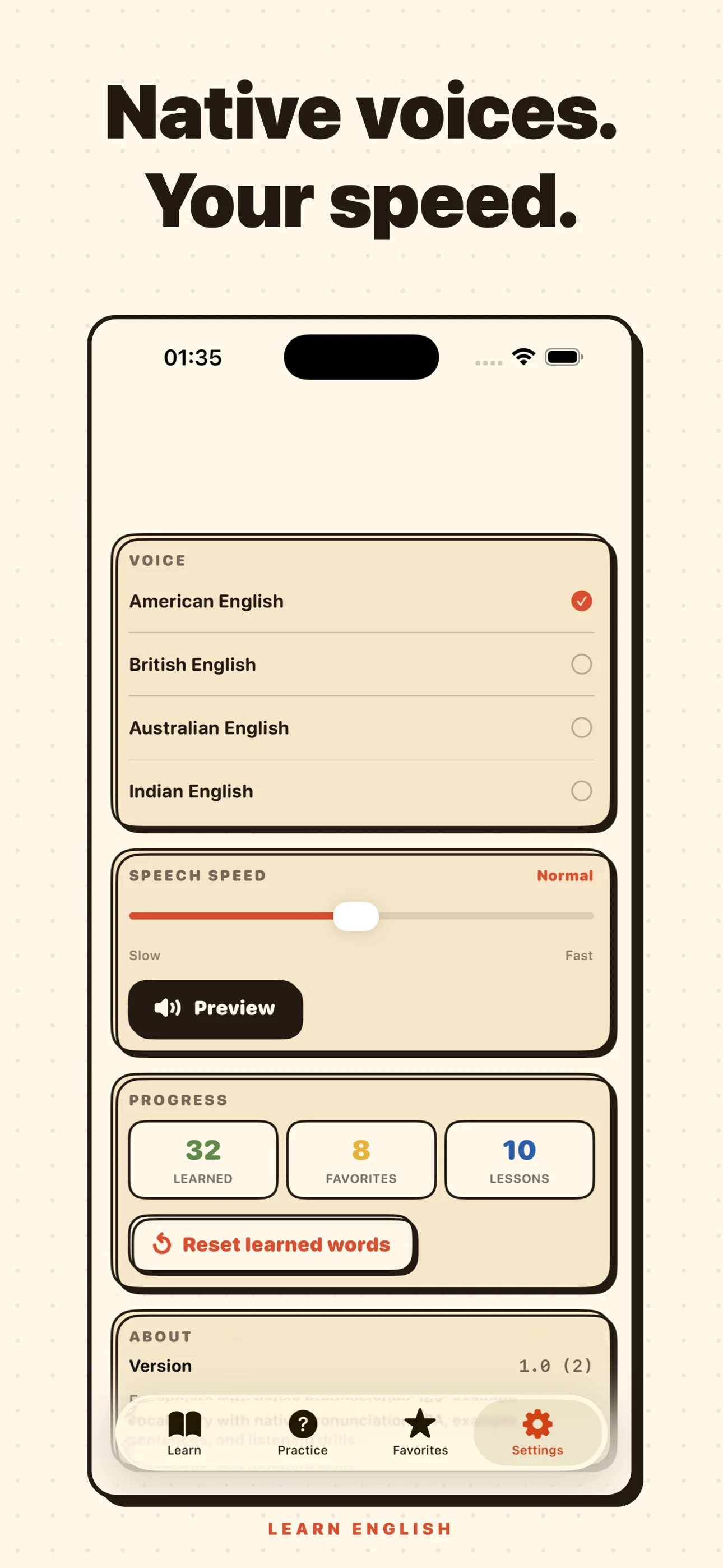 Learn English: Pronunciation — Settings tab with voice, speech speed, and progress
