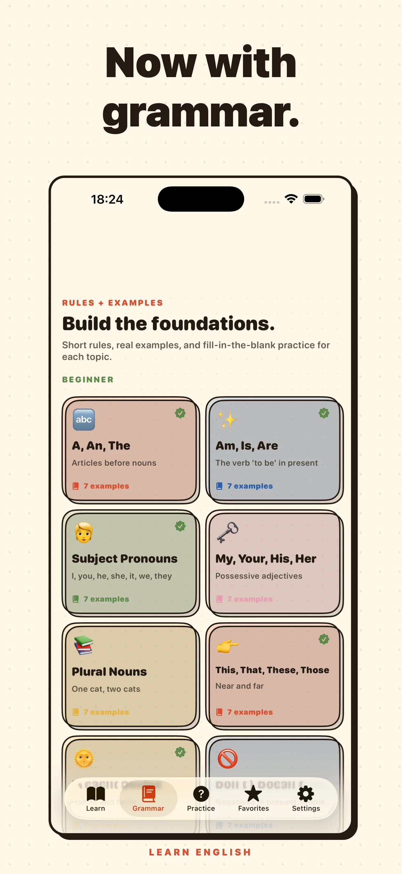 Learn English: Pronunciation — Grammar tab listing grammar topics by level