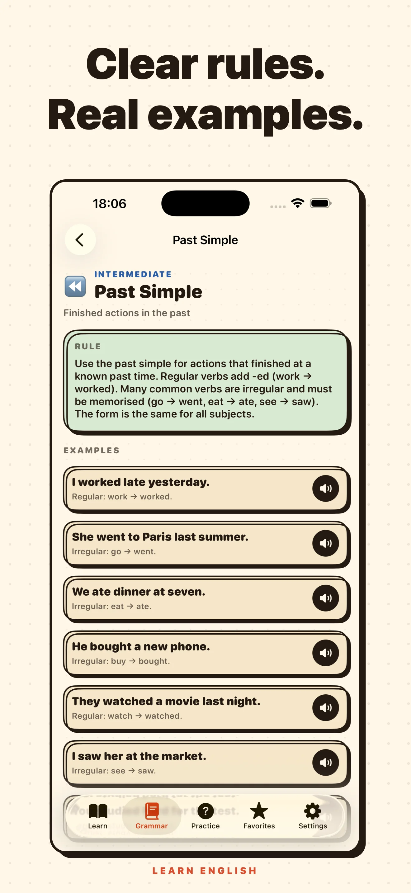 Learn English: Pronunciation — Past Simple grammar topic with a rule box and example sentences