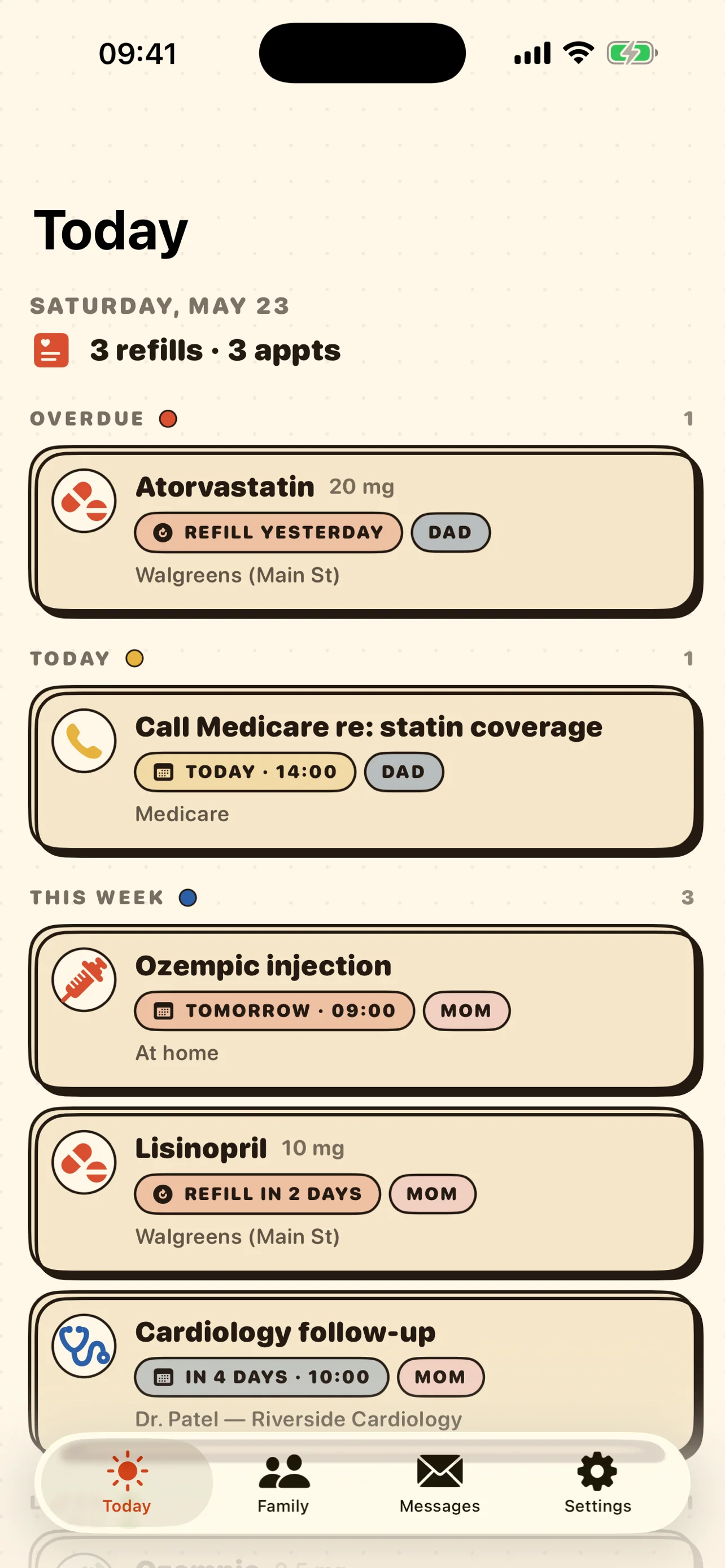 Family Medical Refill Today view showing Overdue, Today, This Week, and Later sections