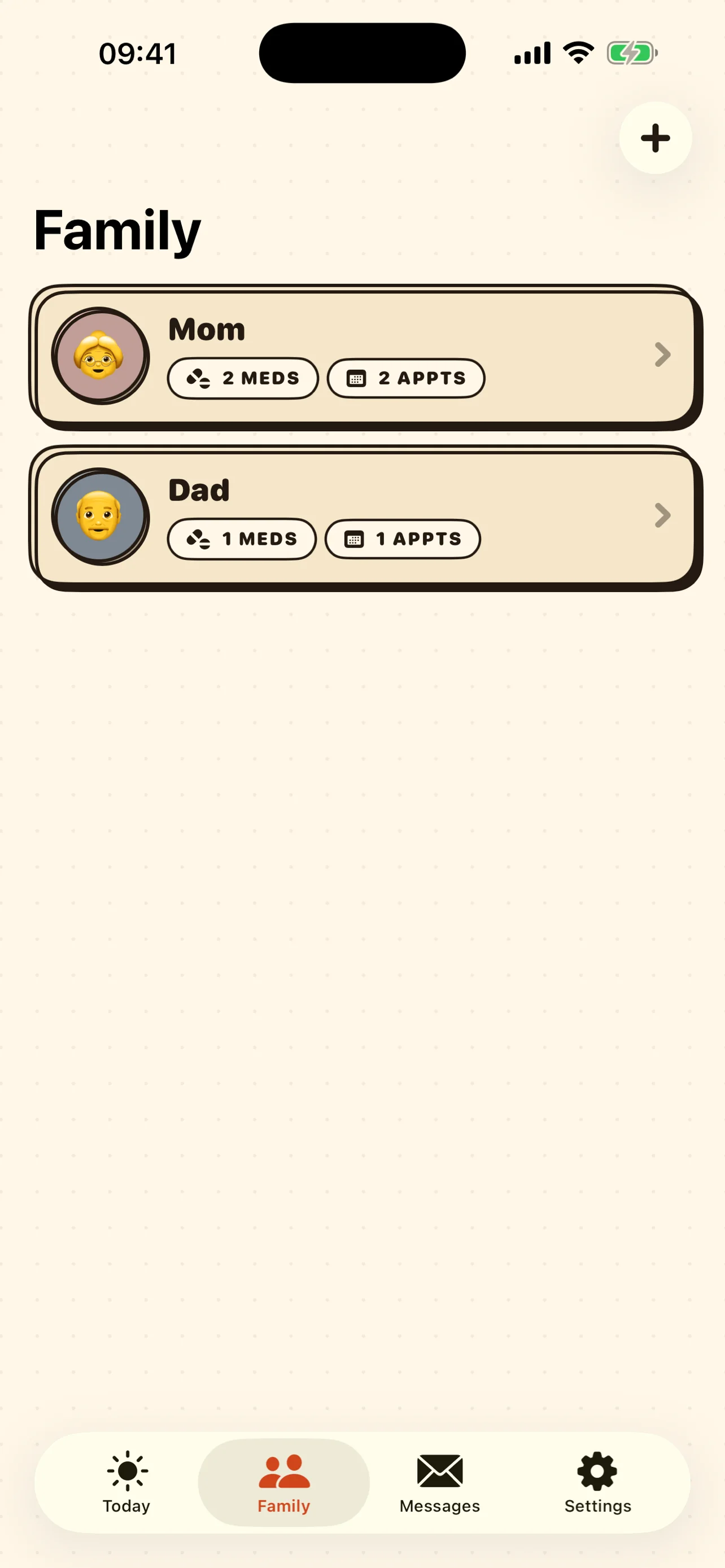 Family Medical Refill Family tab with members, colors, and avatars