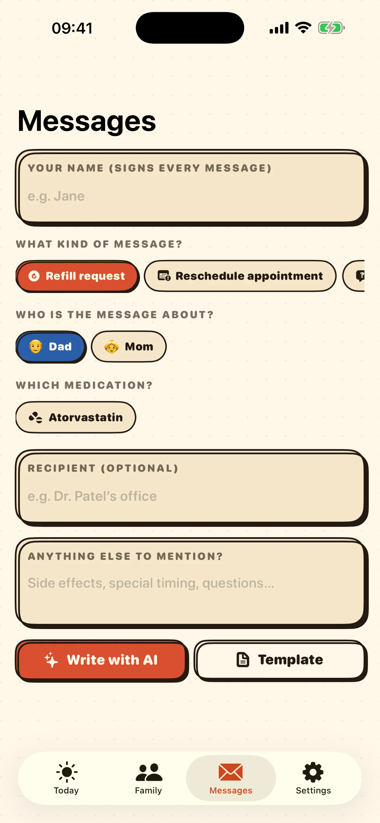 Family Medical Refill Messages tab drafting a polite message with Apple Intelligence