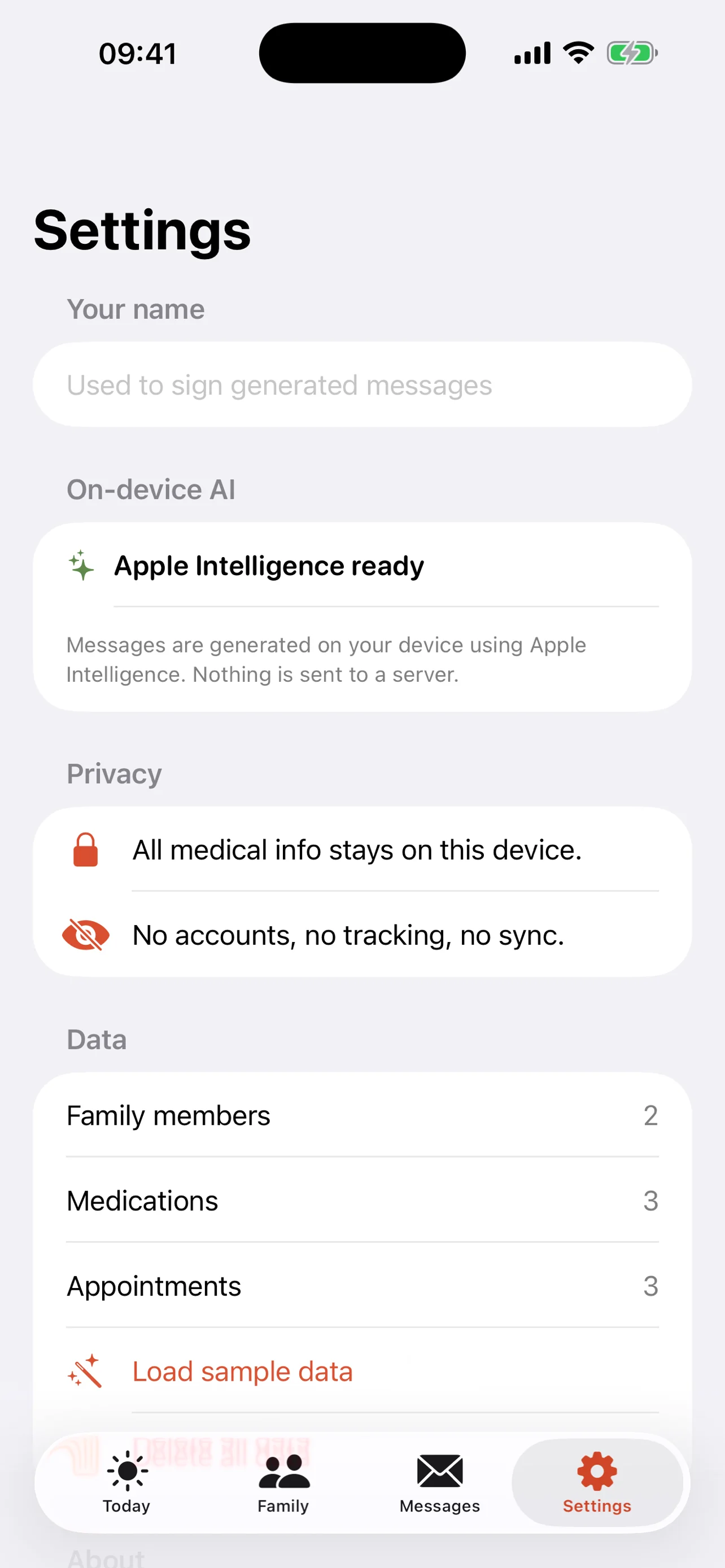 Family Medical Refill Settings tab — no accounts, no analytics, no cloud