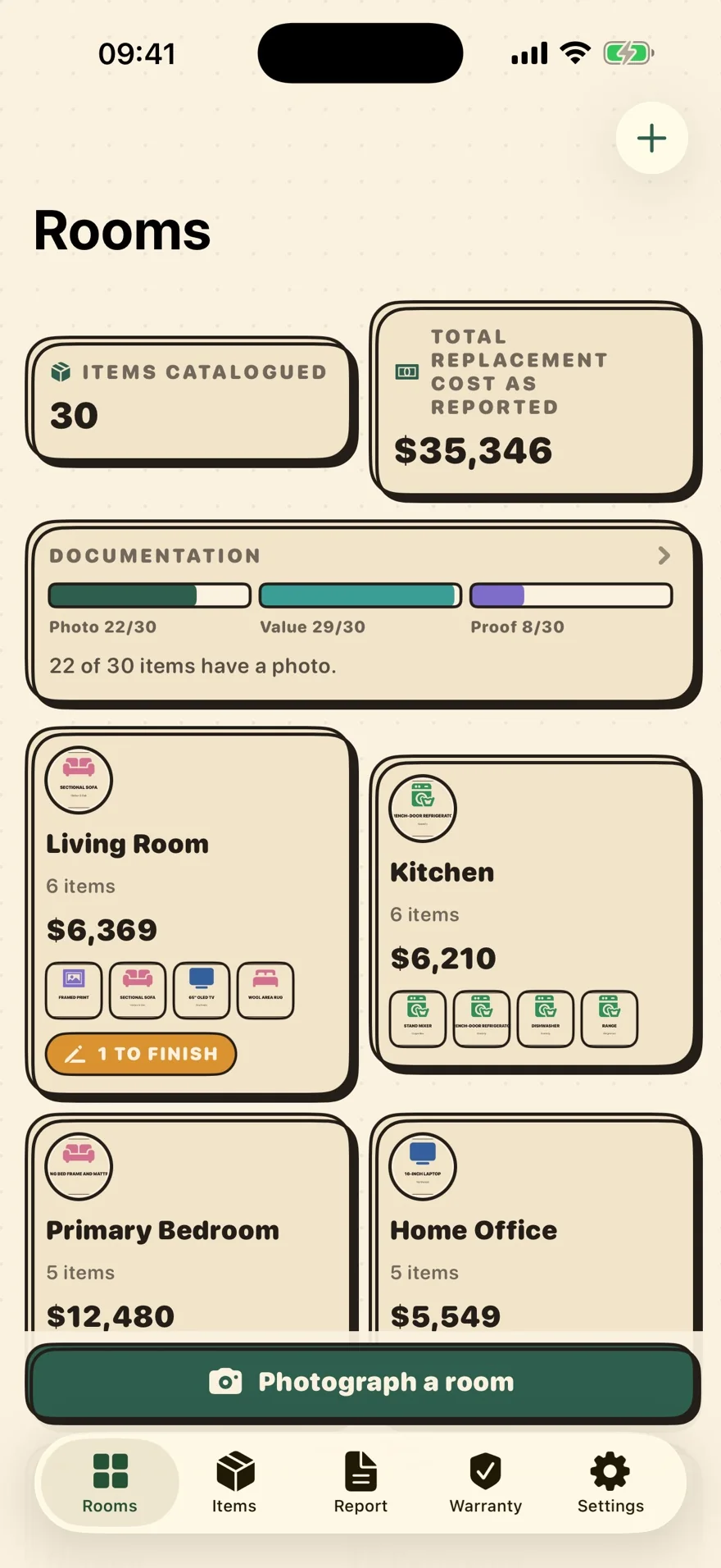 Homefolio rooms — room cards with item counts, totals, and a documentation progress meter