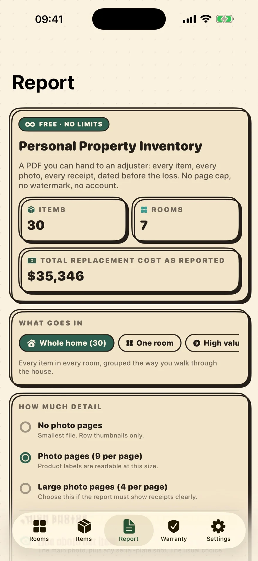 Homefolio report tab — claim-ready PDF export, free with no page cap or watermark