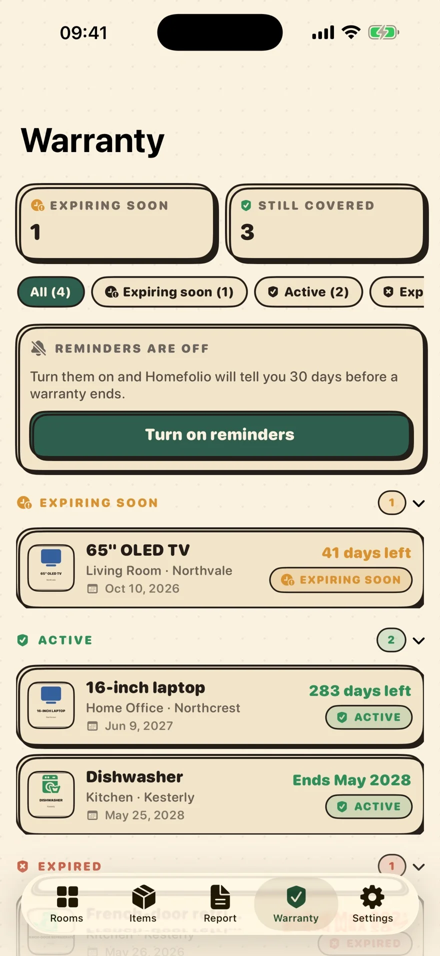 Homefolio warranty tab — items grouped by expiring soon, active, and expired