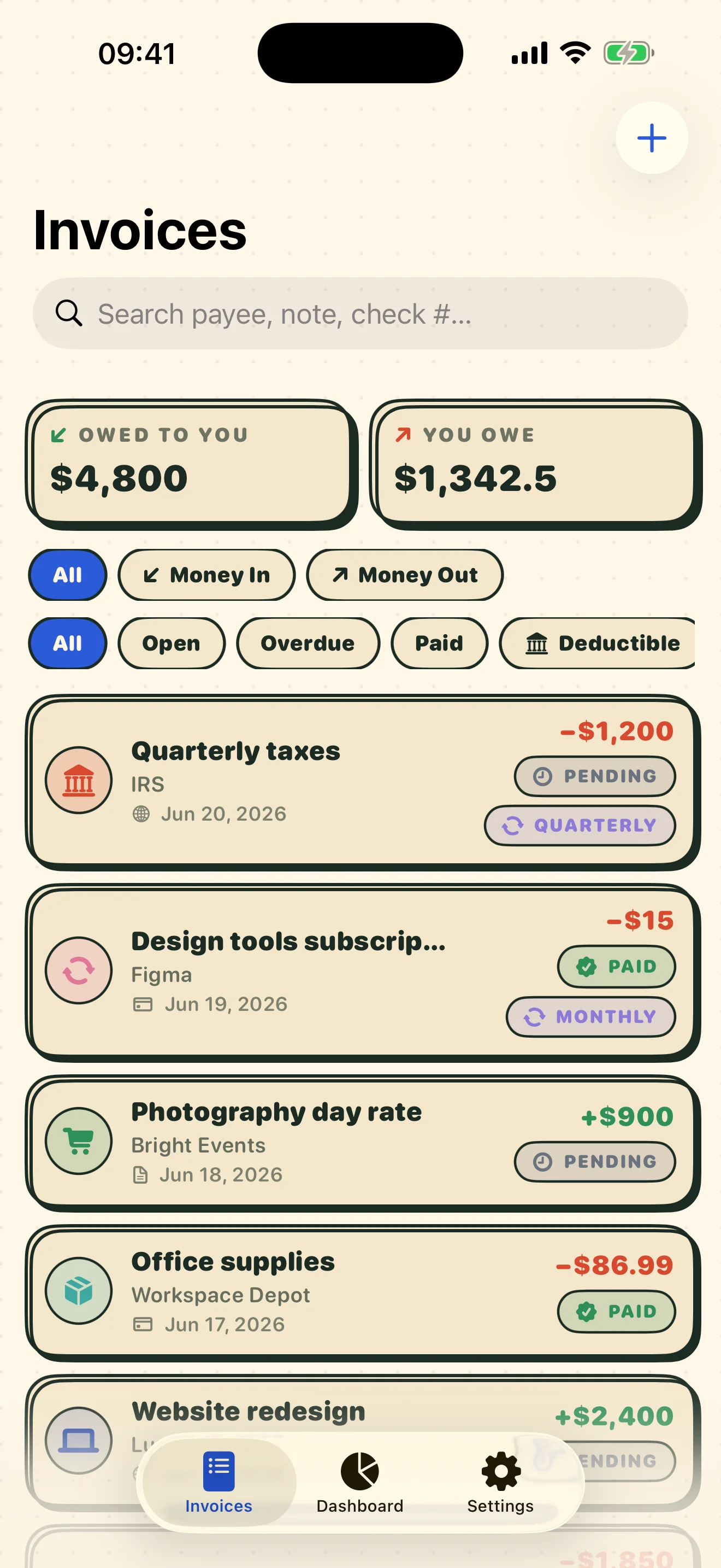 Tabwise invoices list — bills and invoices in one ledger, color-coded by status