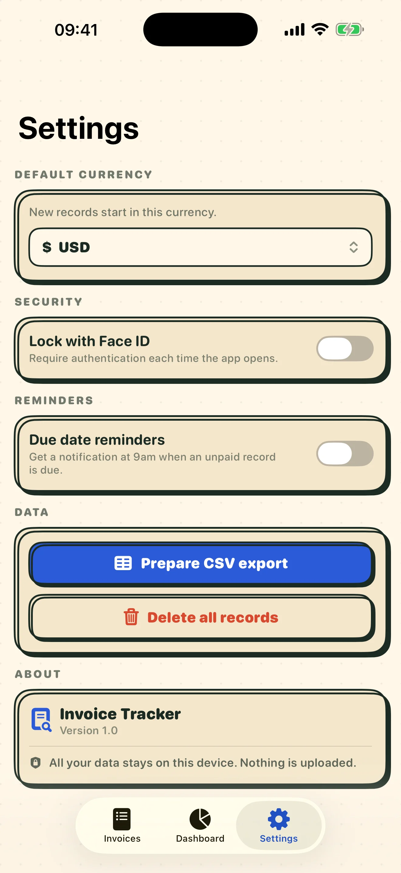 Tabwise settings — currency, optional Face ID lock, reminders, and CSV export