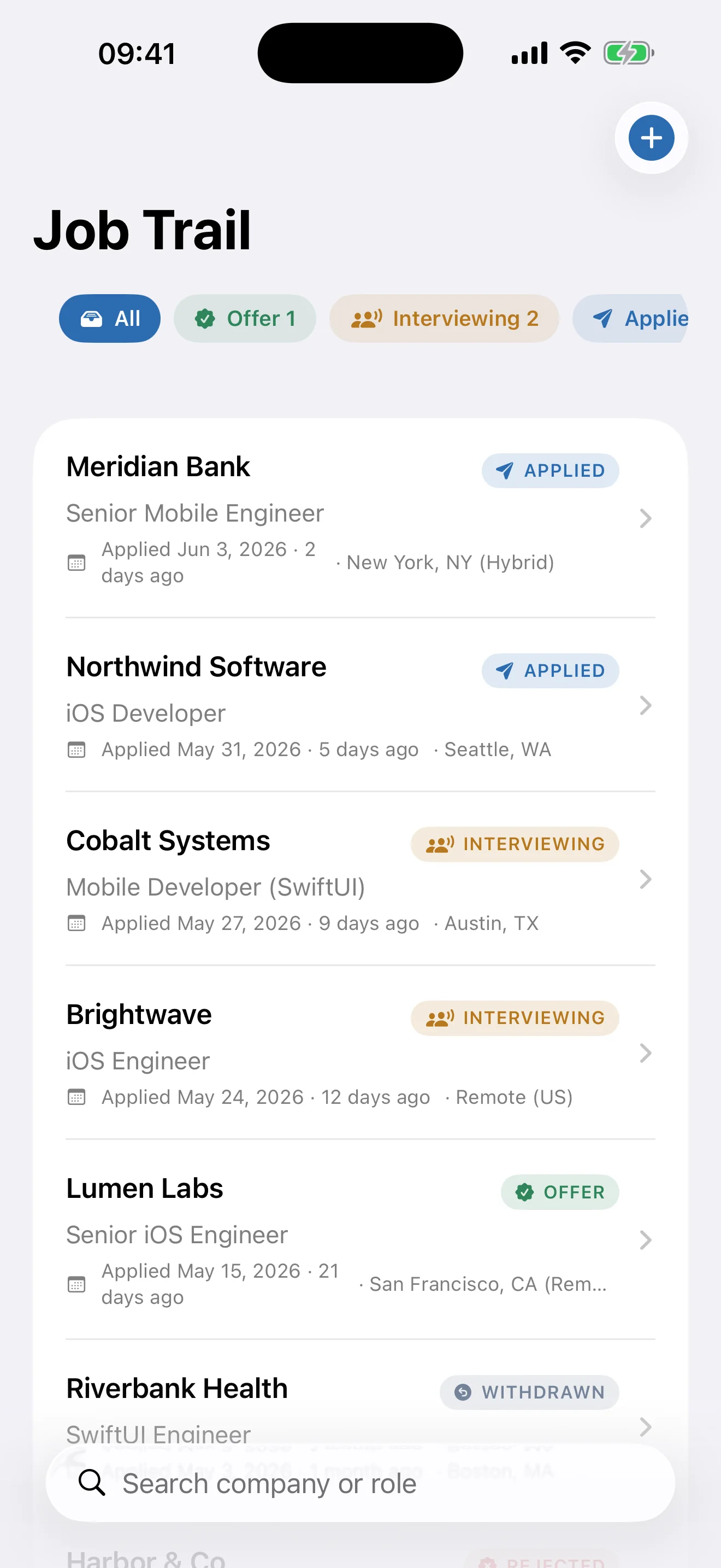 Job Trail list of applications with status filter chips and color-coded badges