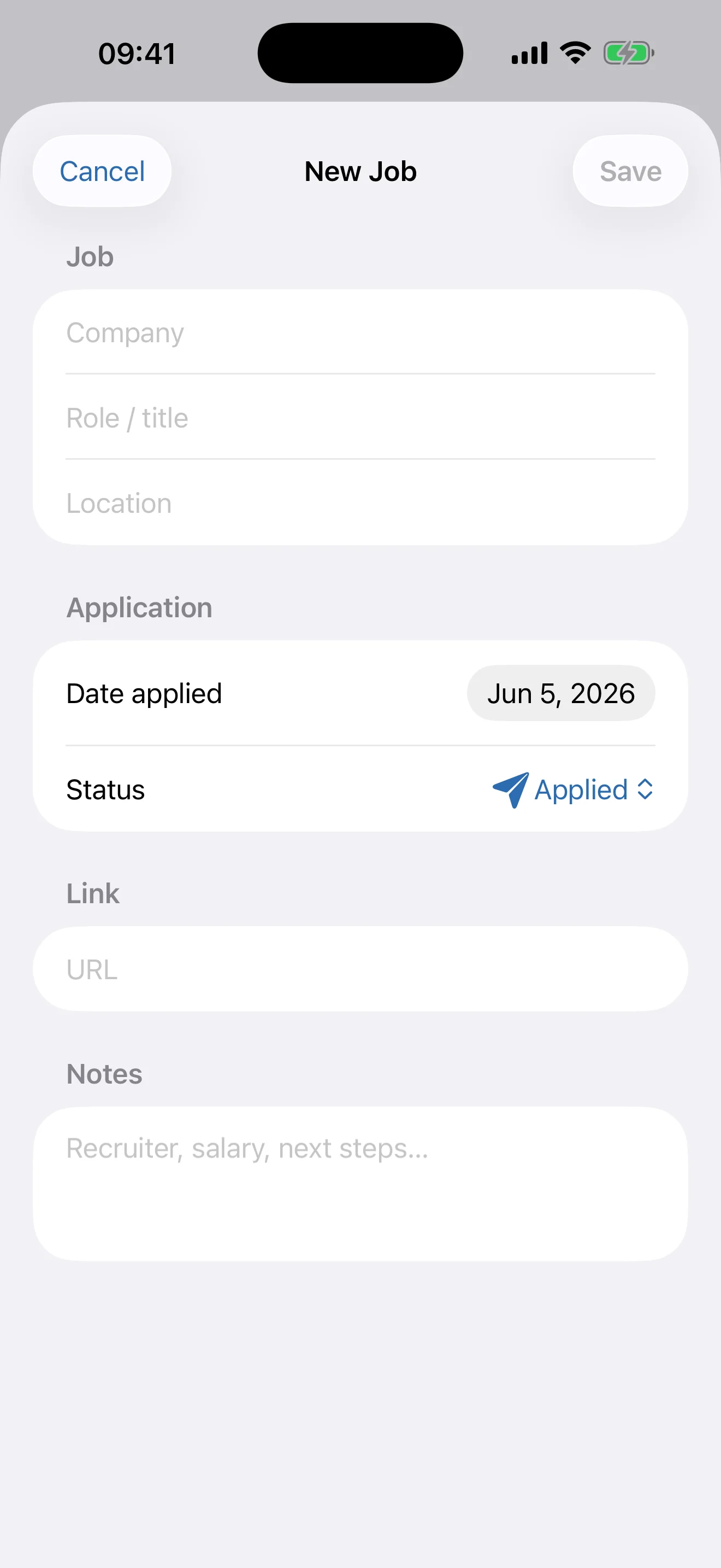 Job Trail new-job form with company, role, location, date, status, link, and notes fields