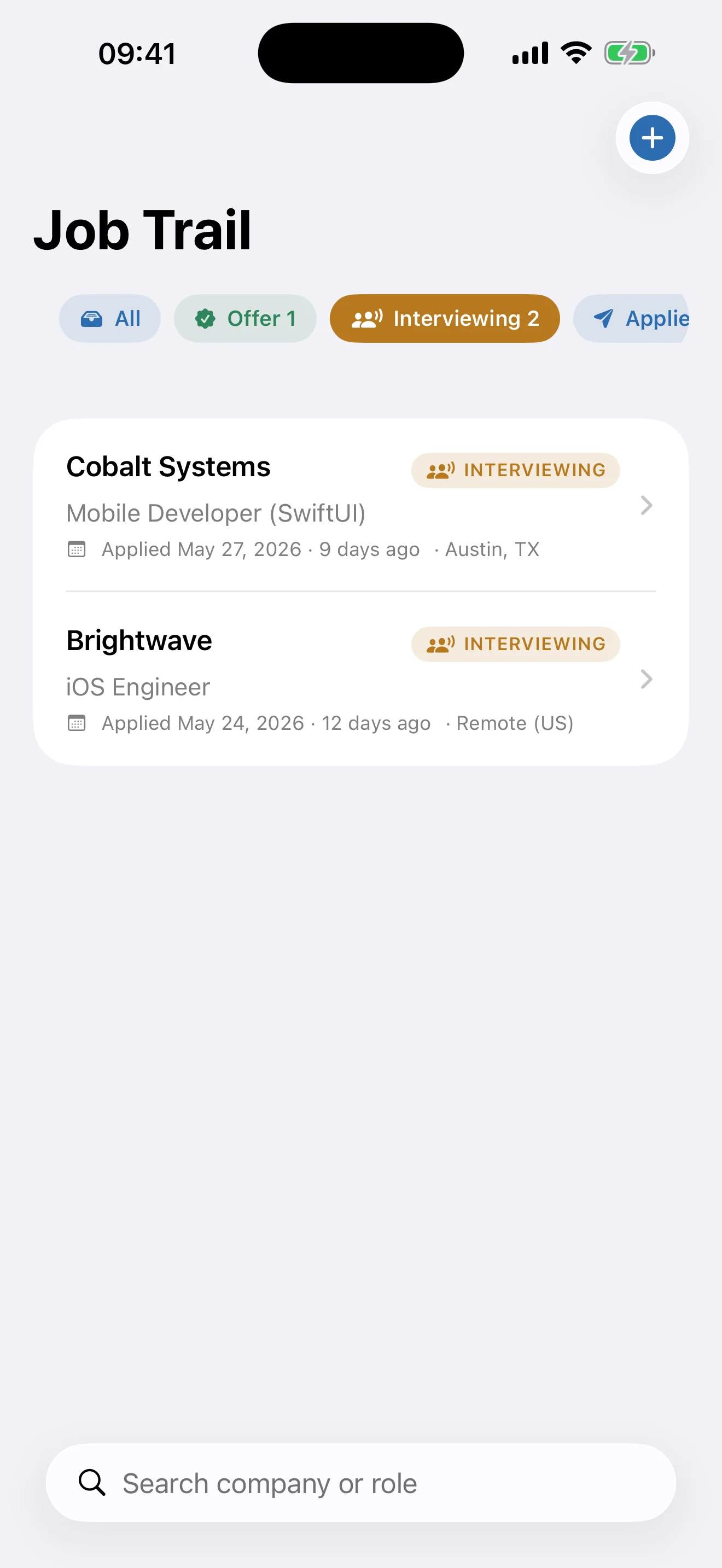 Job Trail list filtered to the Interviewing status
