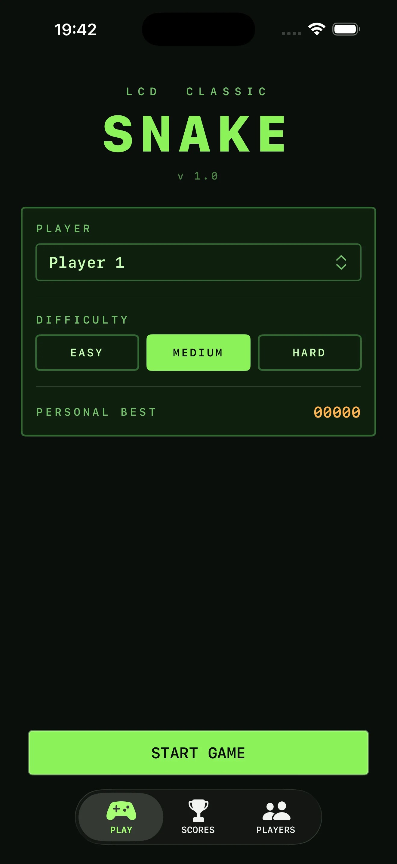 LCD Classic Snake Play screen with green-on-black grid and live score